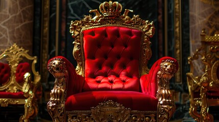 A red velvet throne with two lion arm rests and a gold crown at the top

