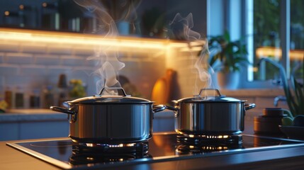 Modern kitchen pots simmer on the stove in a homey setting. - obrazy, fototapety, plakaty