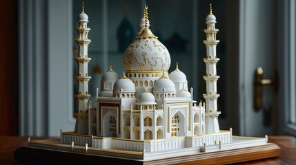 A small white marble model of the Taj Mahal sits on a wooden table against a black background.

