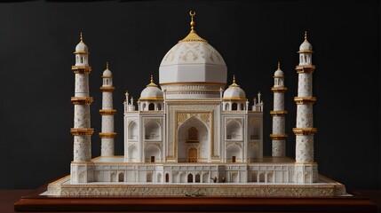 A small white marble model of the Taj Mahal sits on a wooden table against a black background.

