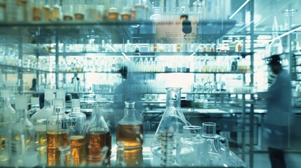 The defocused backdrop reveals a bustling laboratory with shelves of glassware and shelves filled with jars of chemicals while a chemical yst intently observes their experiment on .