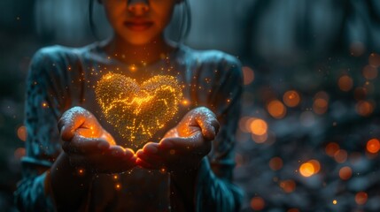 human hands holding glowing heart with digital medical background, Heart of Sparks