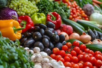 an assortment of fresh vegetables, showcasing a variety of textures and colors from lush greens to deep purples, indicating a healthy and nutritious selection of produce