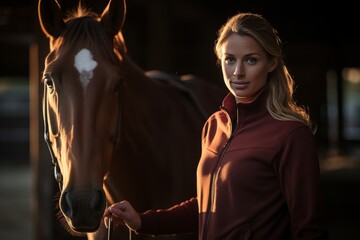 A Serene Portrait of a Young Equestrian Woman Standing Proudly Before the Rustic Wooden Doors of Her Beloved Horse Stable at Sunset