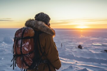 A Solitary Explorer Stands Against the Vast, Icy Expanse of the Arctic Tundra, His Gaze Piercing the Horizon Under the Midnight Sun - obrazy, fototapety, plakaty