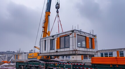 Fototapeta premium A Crane at Work, Skillfully Hoisting Modular Housing on a Cloudy Day
