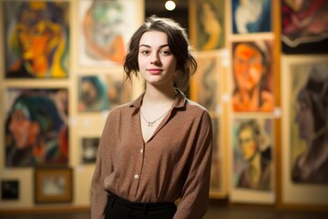 A Vision of Artistic Passion: An Aspiring Painter Stands Proudly Before Her Colorful Gallery Exhibition
