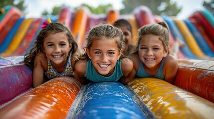 Summer Soaring: Kids Revel on Inflatable Bounce House