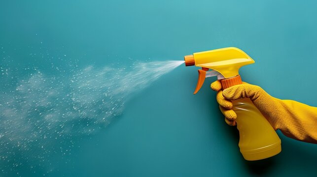 Gloved hand holding a spray bottle with cleaning solution against teal.
