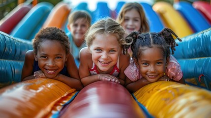 Summer Soaring: Kids Revel on Inflatable Bounce House