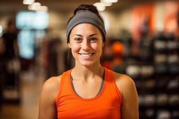 Fototapeta premium A Smiling Fitness Enthusiast Standing Proudly in Front of a Well-Stocked Store Full of the Latest Exercise Equipment and Gear