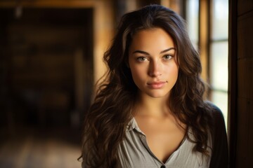 A Serene Portrait of a Young Woman with a Gentle Smile Standing Confidently Before the Rustic Charm of an Old Grain Mill