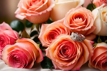 Romantic arrangement of roses and wedding engagement jewelry