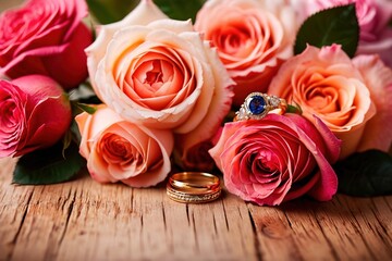 Romantic arrangement of roses and wedding engagement jewelry