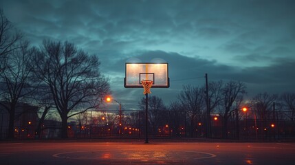 Lonely basketball hoop standing tall in an illuminated park after sunset.