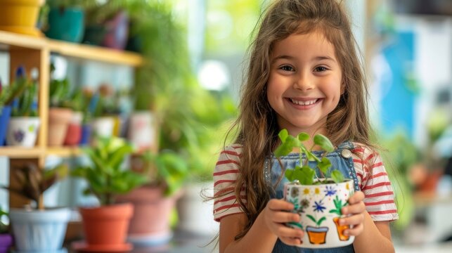 A happy child proudly showing off their personalized ceramic planter painted with their favorite colors and patterns..