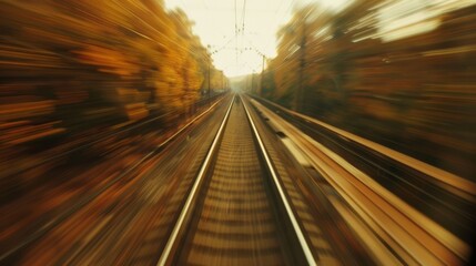 A blurred image showing a train track with trees in the background. The track runs straight through the center, with green trees lining the sides. - Powered by Adobe