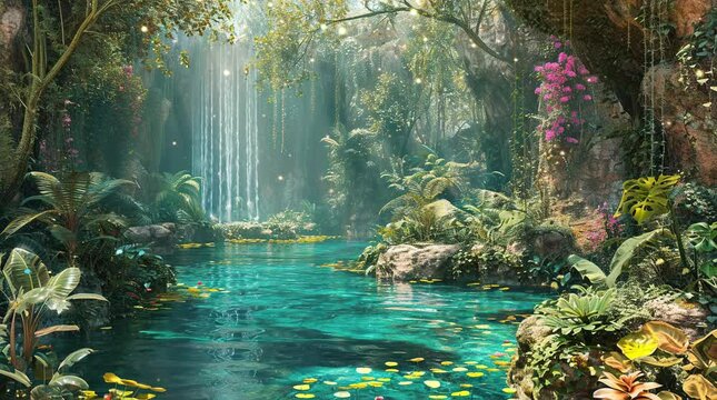 Fantasy waterfall in the forest. Enchanting beauty amidst the mystical woods.
Seamless looping 4k time-lapse virtual video animation background. Generated AI