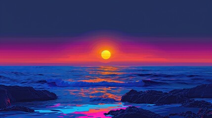 The image shows a sunset over the ocean. The sky is a gradient of purple, pink, and yellow, and the sun is a bright yellow orb. The ocean is a dark blue and is rippling in the waves