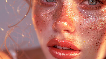 girls makeup with peach glitters - obrazy, fototapety, plakaty