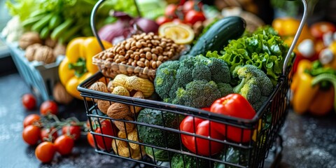 a grocery shopping basket filled with recommended low-sodium diet items such as fresh vegetables, fruits, nuts, seeds, whole grain products, and low-fat dairy - Powered by Adobe