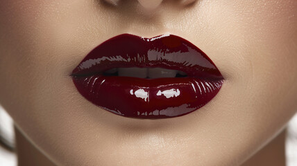 : Glossy lips in a deep, sultry shade, adding a touch of mystery and allure to the overall aesthetic.