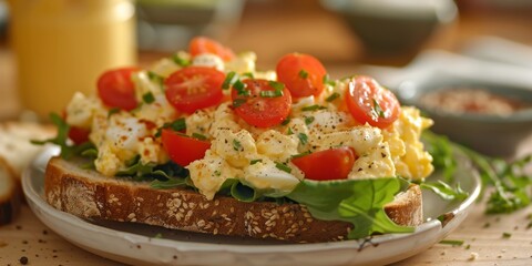 a sandwich filled with egg salad and cherry tomatoes