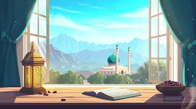 Tranquil scene: A book by the window with a breathtaking view of a beautiful mosque nestled by the serene lake landscape.Seamless looping 4k time-lapse virtual video animation background. Generated AI