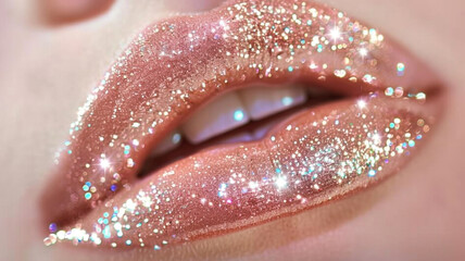  Glossy lips shimmering with a hint of sparkle, adding a touch of glamour and sophistication to the overall look