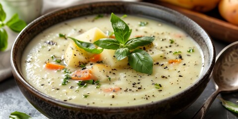a zucchini cream soup with added potatoes and carrots, enriched with vegetable broth, olive oil, and seasoned with black pepper, salt, dried oregano, and dried basil