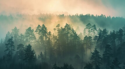 Hazy silhouettes of a forest at dawn, trees obscured by morning mist, mysterious and peaceful