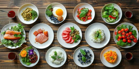 Artfully arranged plates of meals where each ingredient is served separately to emphasize the principle of not mixing food groups background