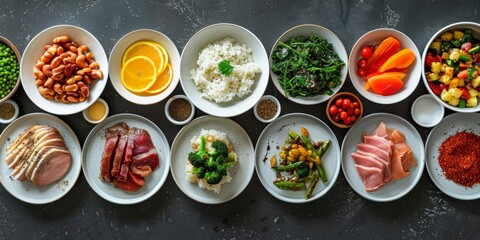 Artfully arranged plates of meals where each ingredient is served separately to emphasize the principle of not mixing food groups background