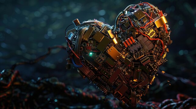 This is a 3D rendering of a mechanical heart. The heart is made of metal and has a glowing red core. There are wires and tubes attached to the heart. The background is black.


