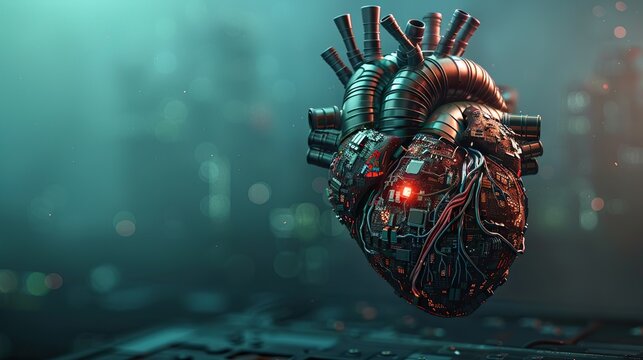 This is a 3D rendering of a mechanical heart. The heart is made of metal and has a glowing red core. There are wires and tubes attached to the heart. The background is black.

