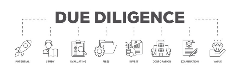 Due diligence icons process flow web banner illustration of potential, study, evaluating, files, invest, corporation, examination and value icon live stroke and easy to edit 