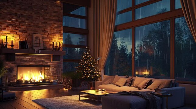 Inviting living room with a comfortable sofa, offering a view of the rainy night through the window. Cozy ambiance for reSeamless looping 4k time-lapse virtual video animation background. Generated AI