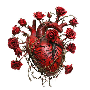 A human heart made of thorns and roses, PNG white background