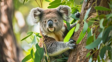 Fototapeta premium A koala sitting in a eucalyptus tree