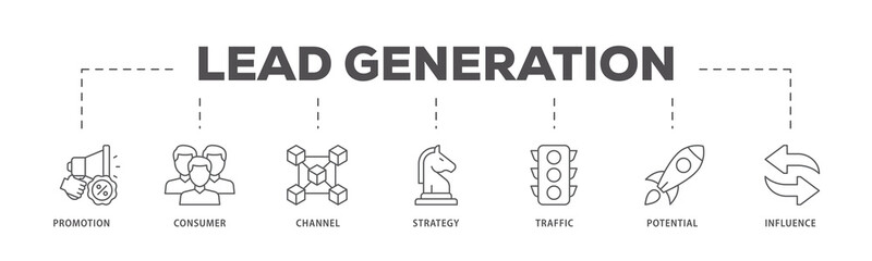 Lead generation icons process flow web banner illustration of promotion, consumer, channel, strategy, traffic, potential and influence icon live stroke and easy to edit 
