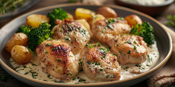 chicken cooked in a creamy yogurt sauce accompanied by broccoli and potatoes - Powered by Adobe