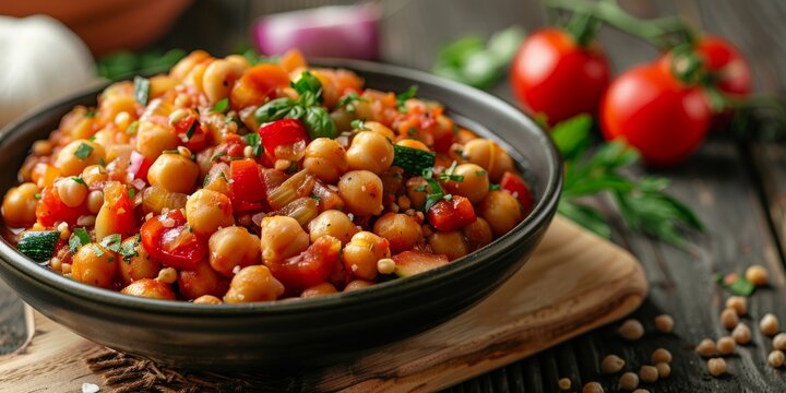 chickpeas cooked in a rich tomato sauce with assorted vegetables