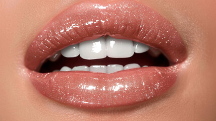 Juicy, glossy lips in a soft, natural hue, enhancing the natural beauty of the mouth with a touch of shine