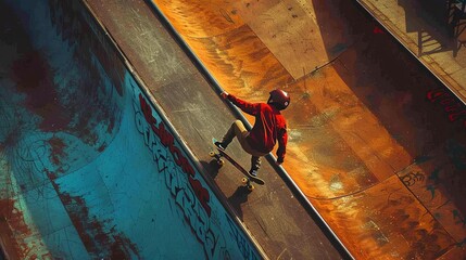 Aerial view of a skateboarder executing a high jump on a half-pipe ramp, capturing the artistry and precision of the sport - obrazy, fototapety, plakaty