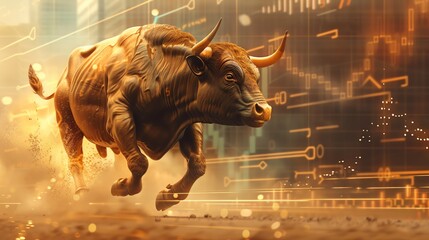 Animated bull charging ahead with a background of soaring financial graphs and upward arrows, representing aggressive investment gains