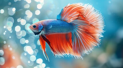 Artistic interpretation of a colorful Betta fish, its long tail elegantly fanning out in a dance-like motion in crystal-clear water