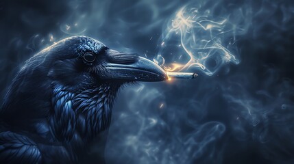 Obraz premium Artistic portrayal of a raven holding a lit cigarette in its beak, smoke curling elegantly into the dark backdrop