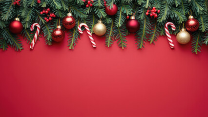 Christmas Holiday Red Background with Decorative Ornaments Copy-Space