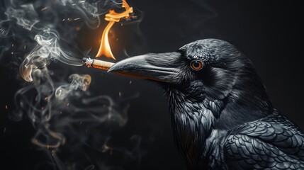 Naklejka premium Artistic portrayal of a raven holding a lit cigarette in its beak, smoke curling elegantly into the dark backdrop