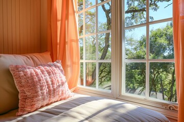 Bright Airy Apartment with Stylish Peach Decor, Large Windows, and Tree Views